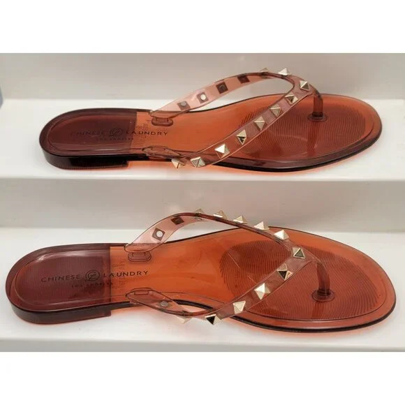 Chinese Laundry Womens Jelly Flip Flops Gold Studs Transparent Coral Size 8 - Picture 4 of 6